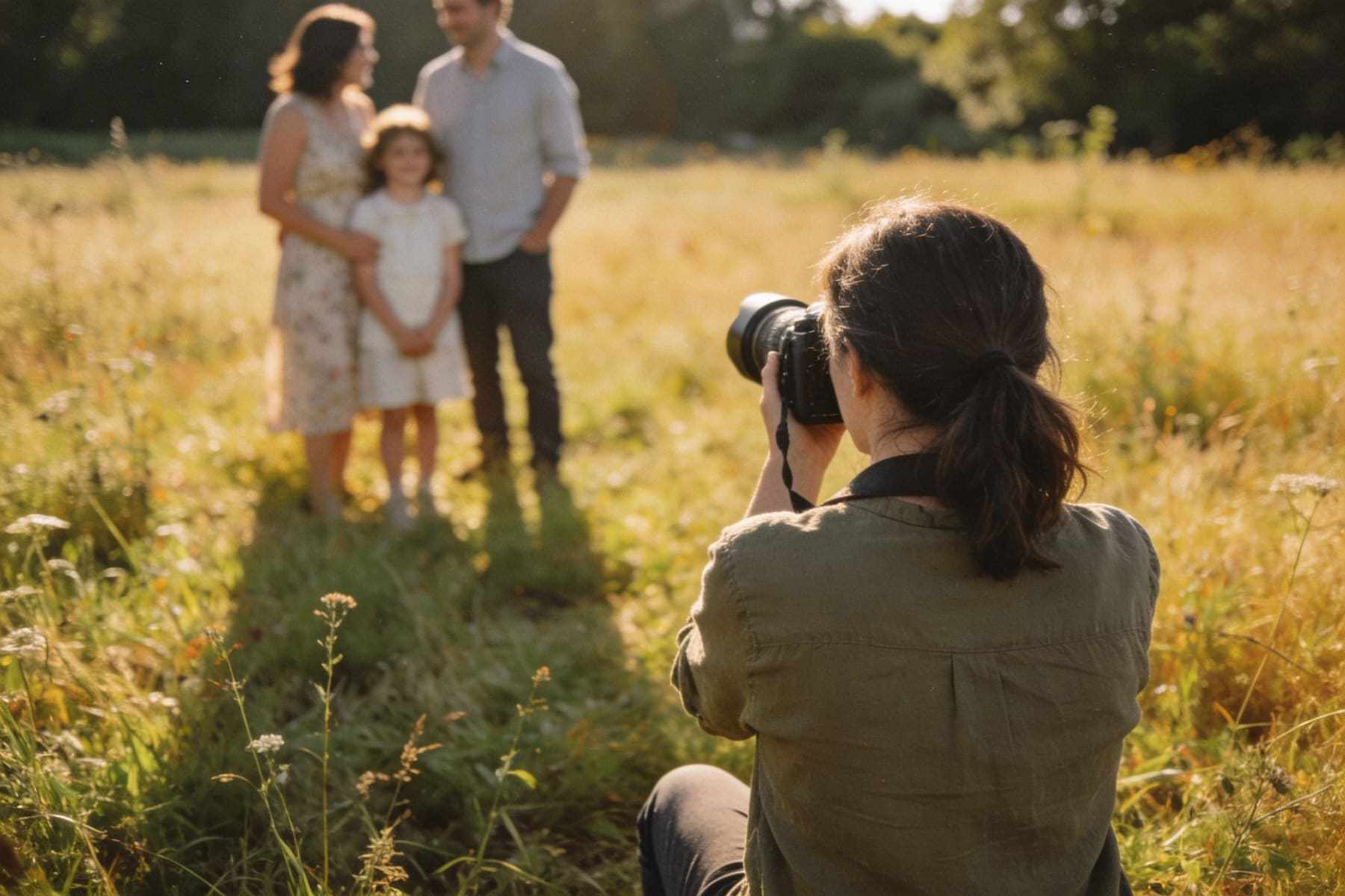 Nora kneeling in a meadow photographing a family at golden hour.