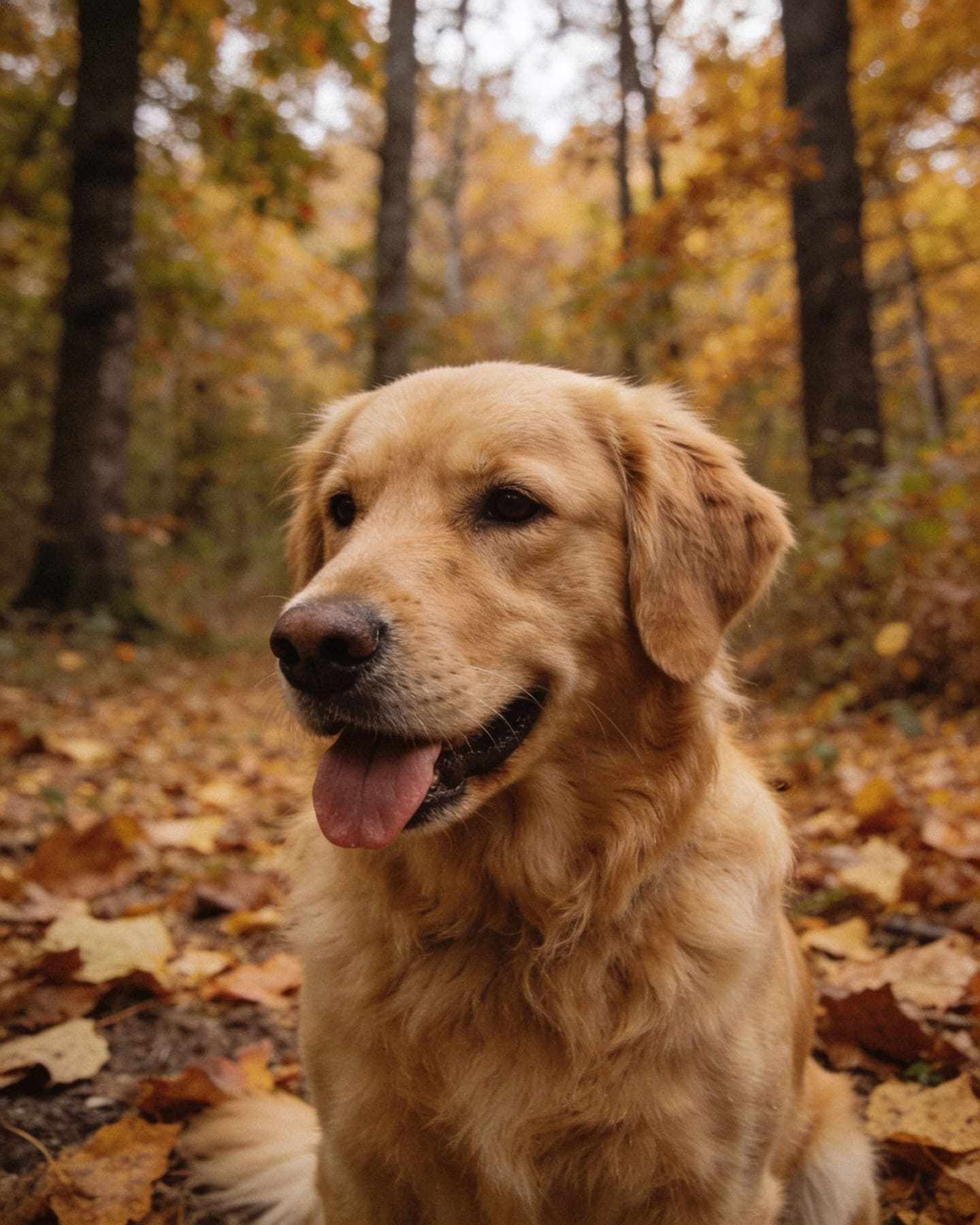 A golden retriever sitting in an autumn forest with its tongue out.