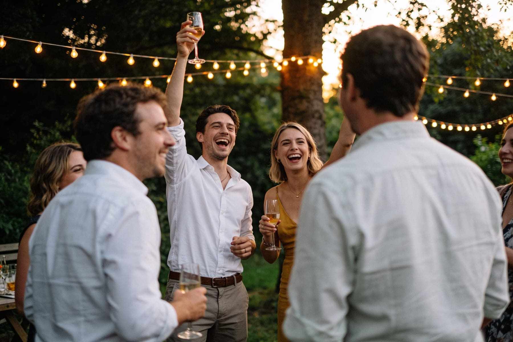 Friends laughing and raising glasses at a garden party under string lights.