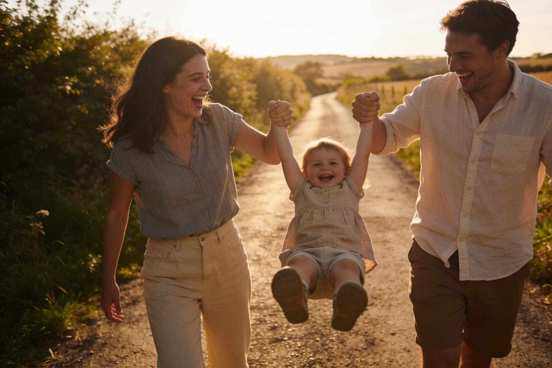 Parents swinging a laughing toddler between them on a sunny country lane.