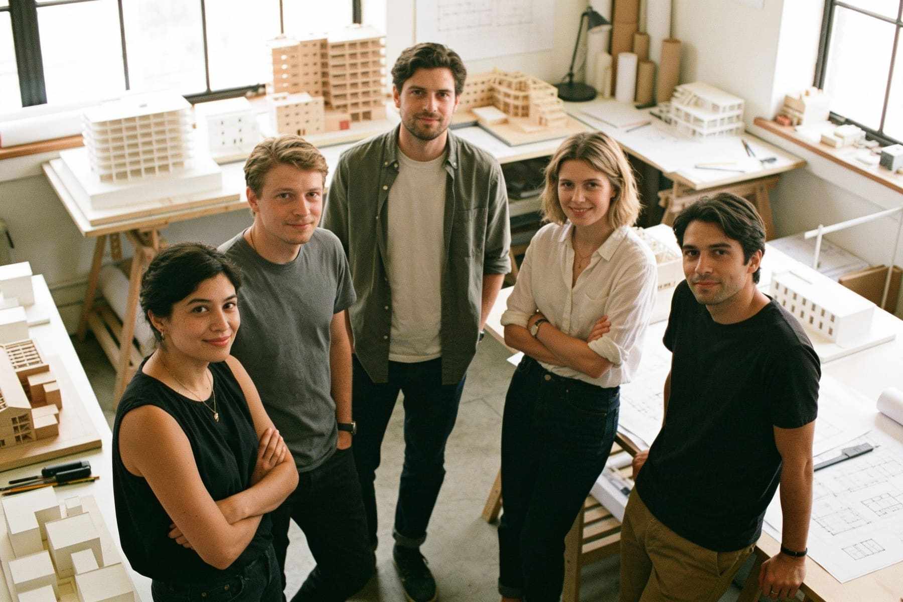 The team of a small architecture firm in their bright studio office.