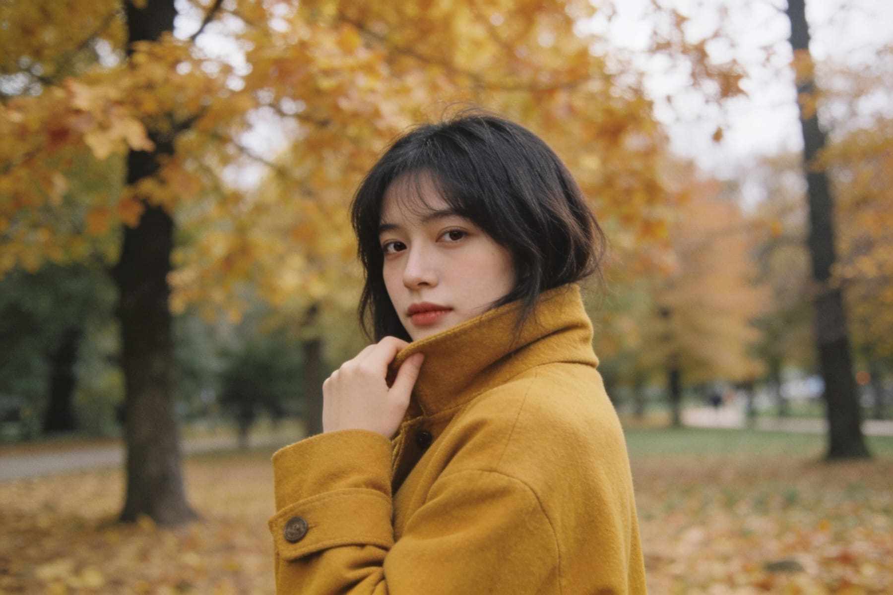 A young woman in a mustard coat in an autumn park.