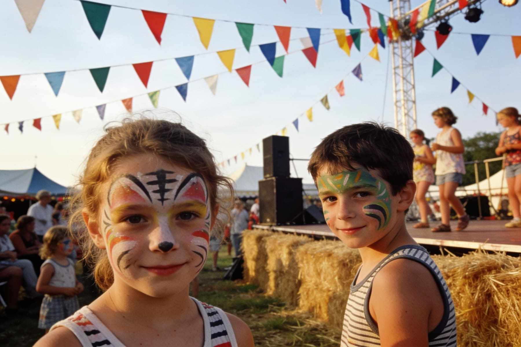 Children with face paint in front of a hay bale stage at a summer fair.
