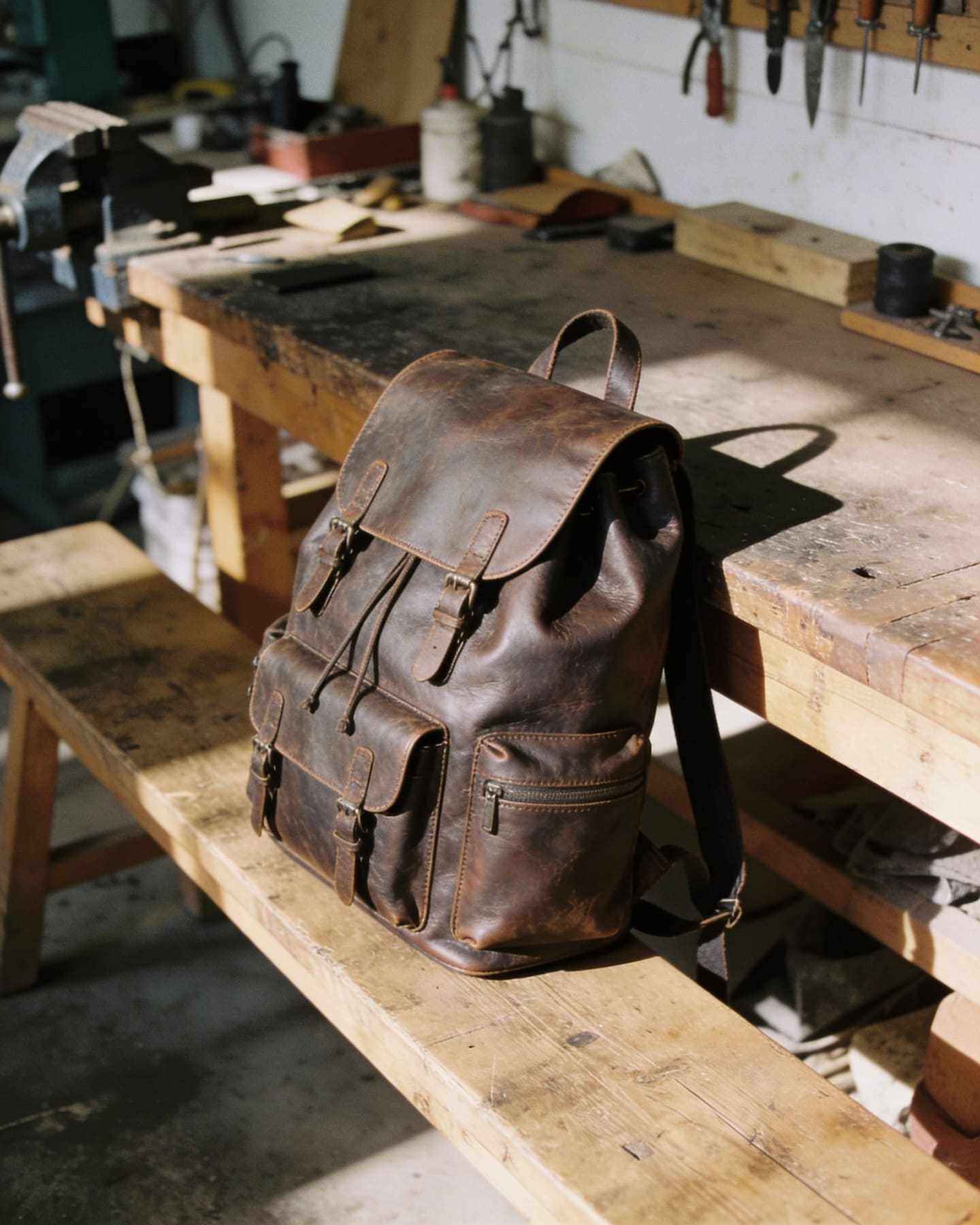 A leather backpack on a wooden bench in a sunlit workshop.