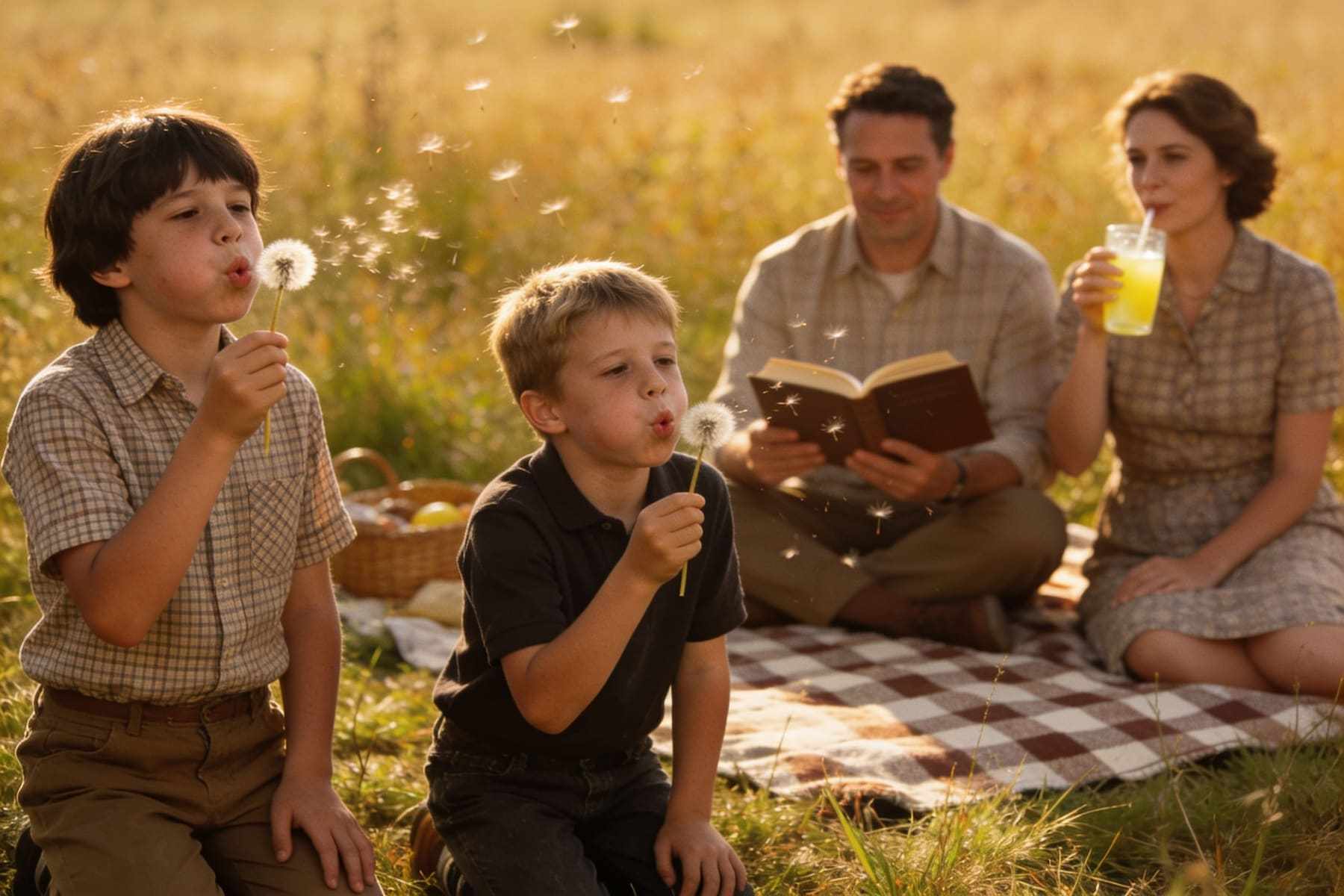 A family picnic in a meadow, the boys blowing dandelions.