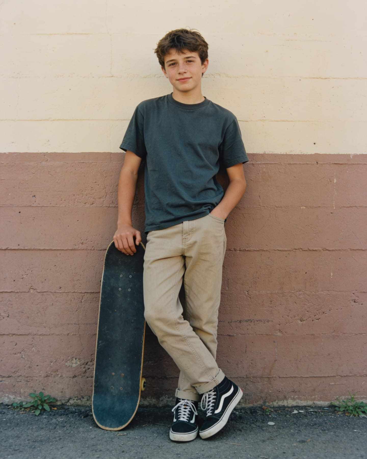 A teenage boy with a skateboard leaning on a painted wall.