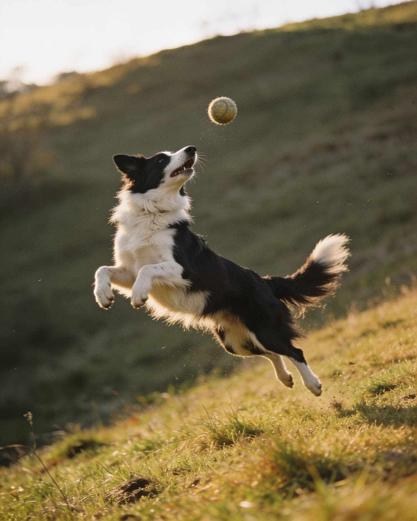 A border collie leaping to catch a ball on a grassy hill.