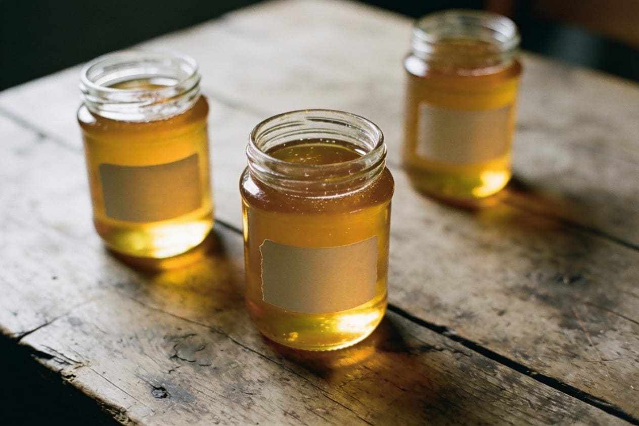 Jars of golden honey with blank labels on a rustic table.