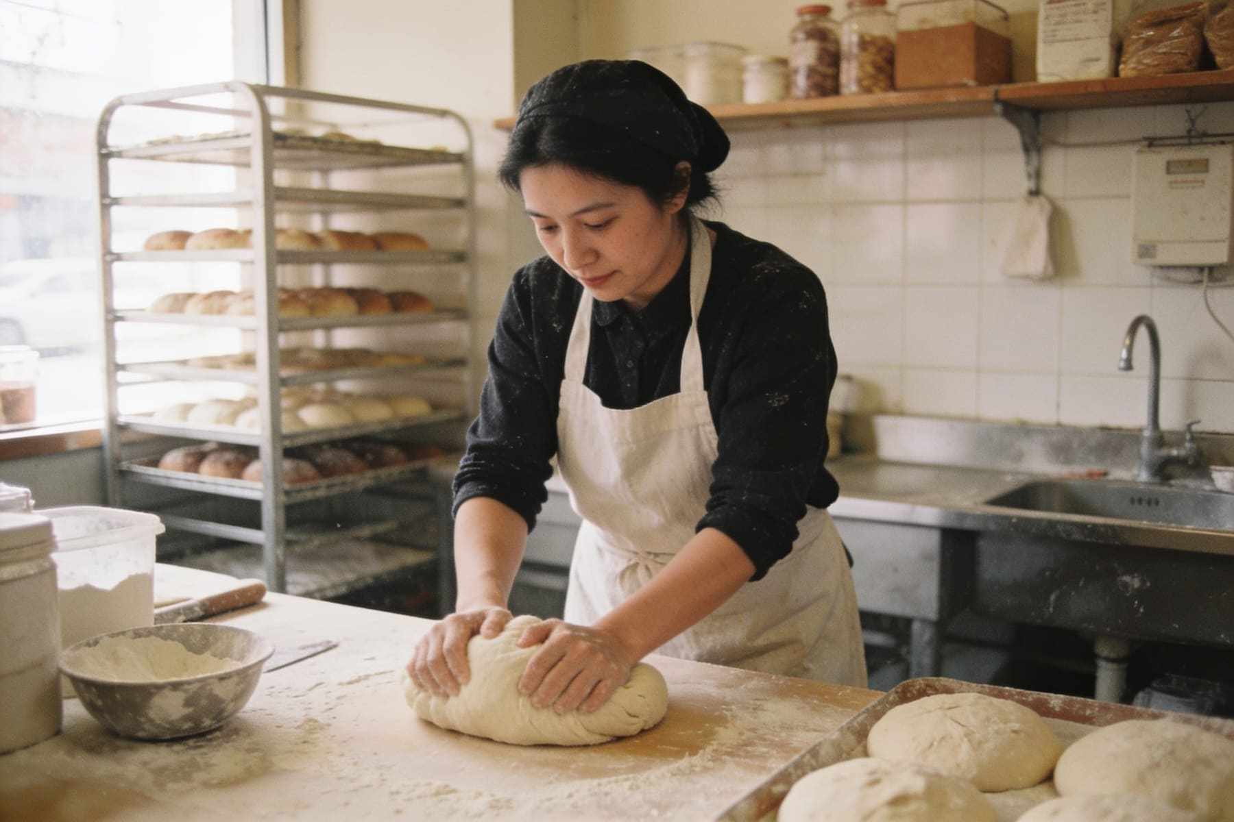 A baker kneading dough in her bakery in the morning light.