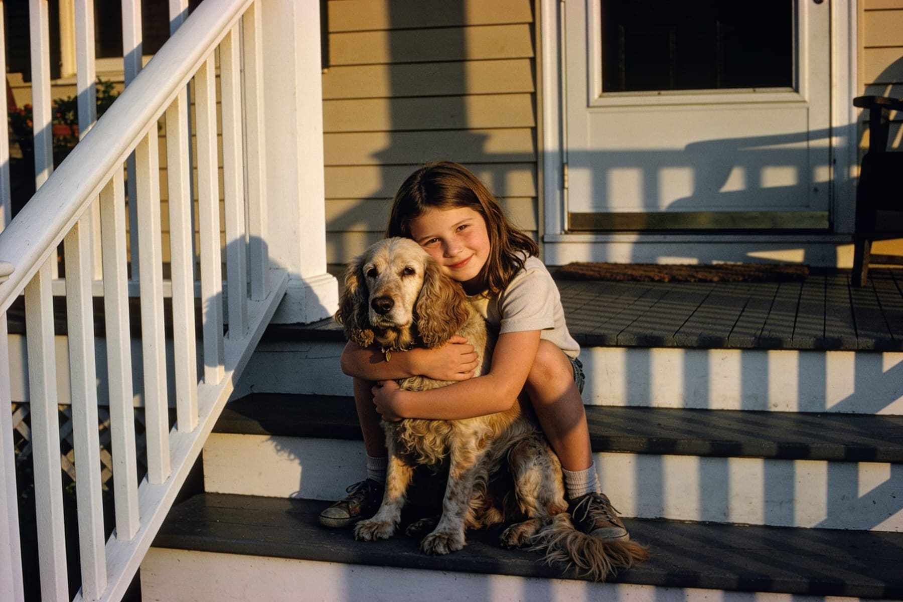 A girl hugging her old spaniel on the porch steps.