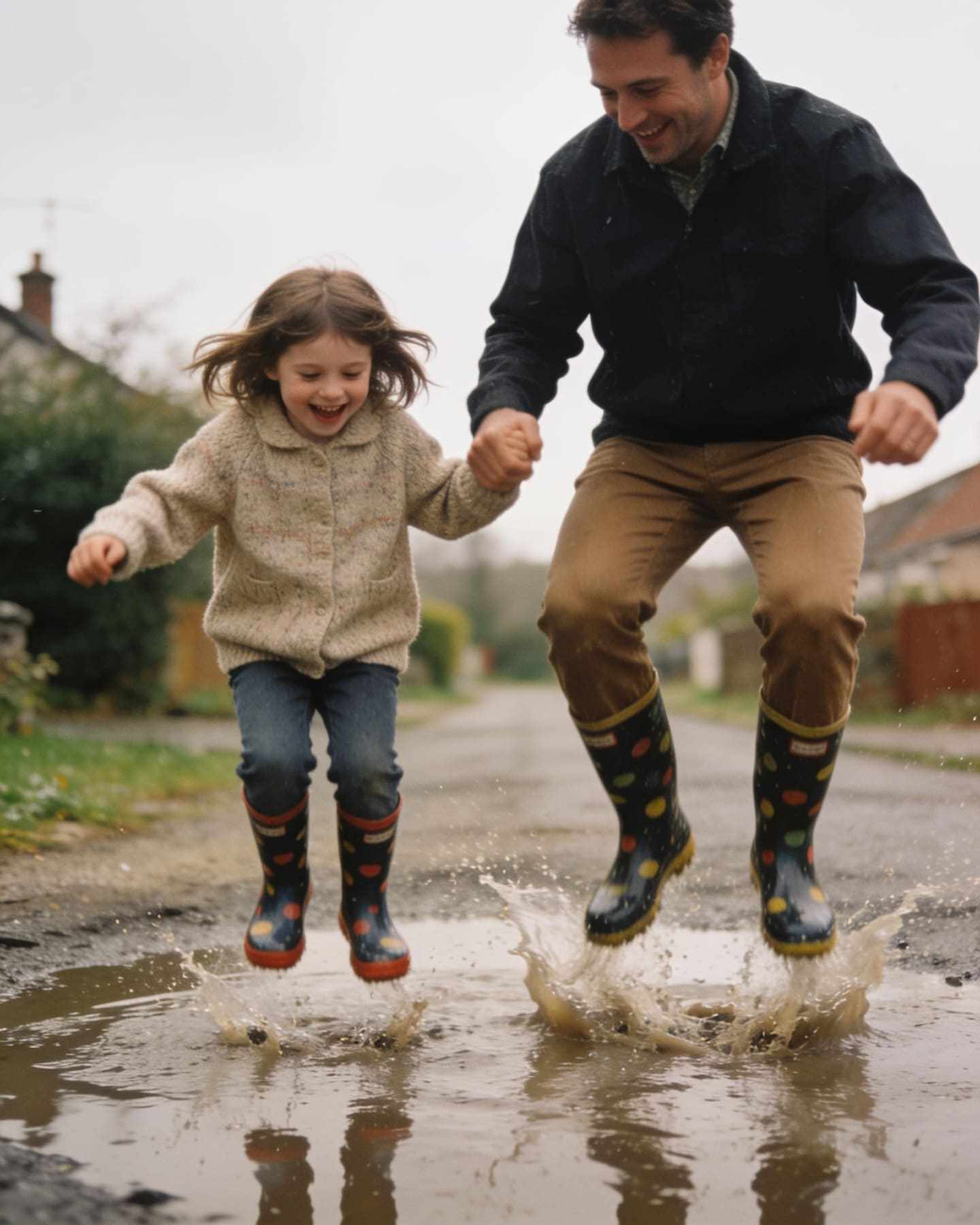 A father and daughter jumping in a puddle in rain boots.