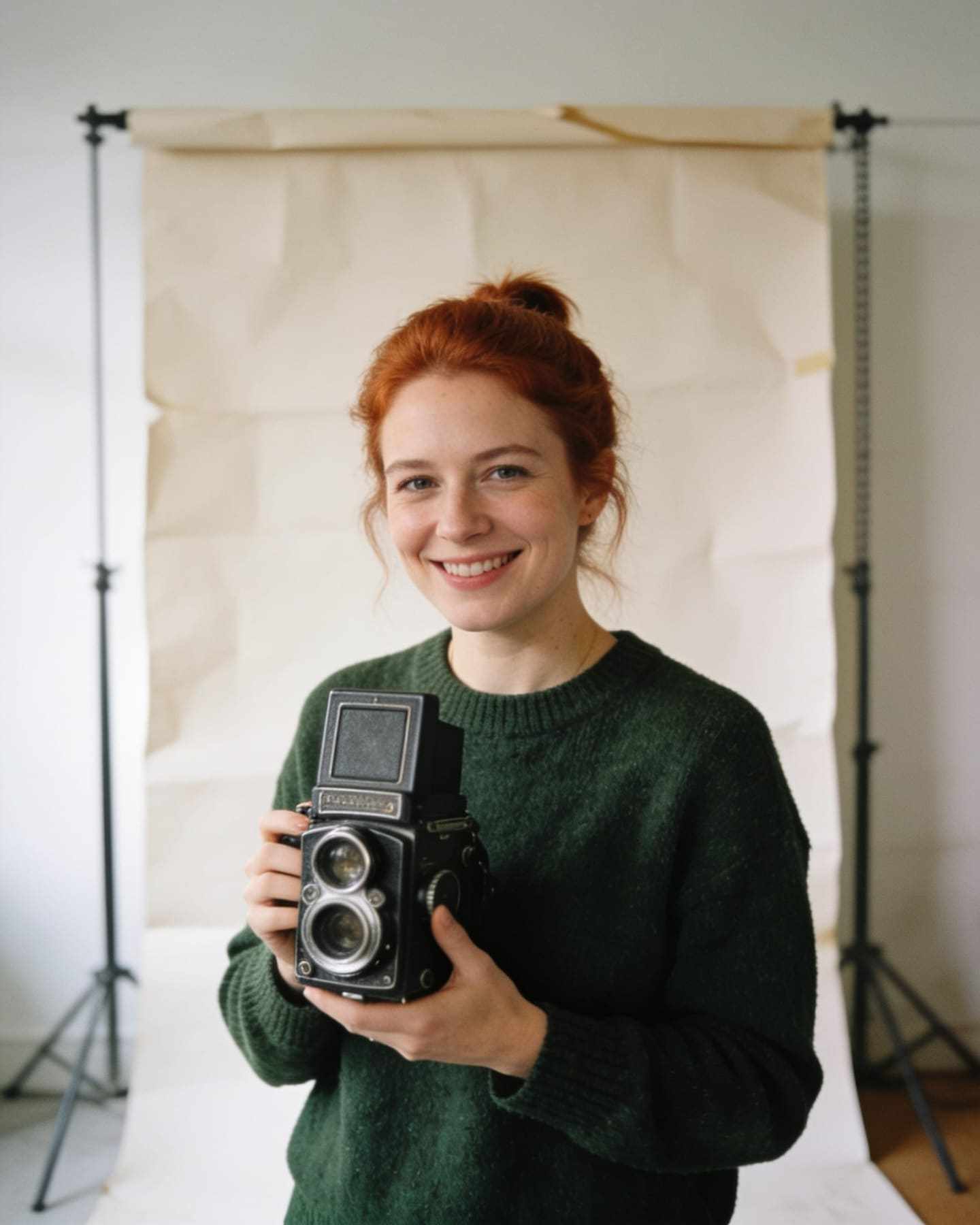 A smiling woman with auburn hair holding a vintage film camera in a bright studio.