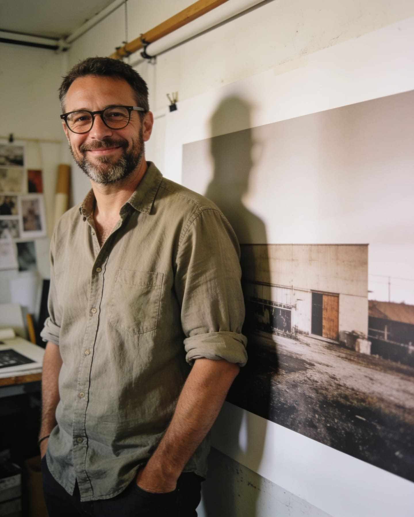 A smiling man with glasses and a short beard standing by a wall of prints.