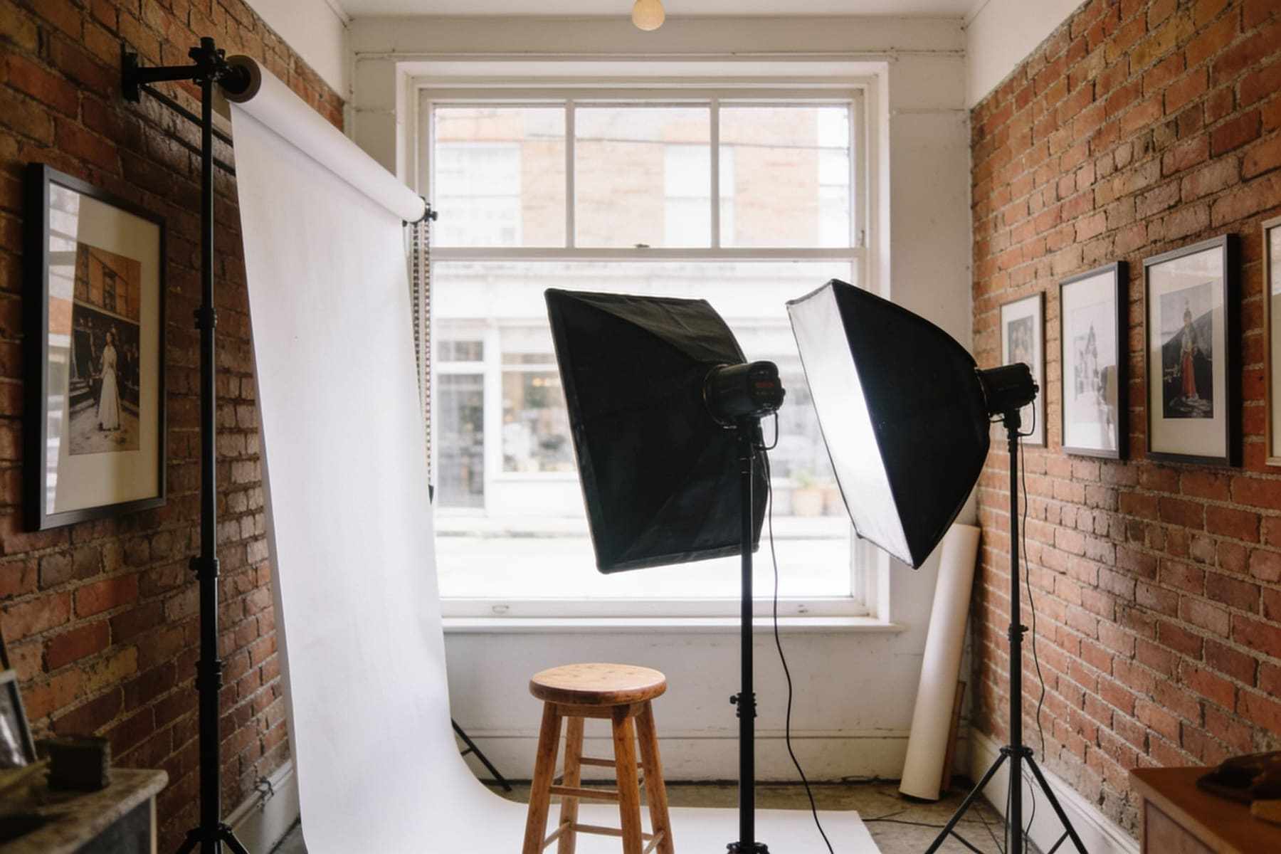 A bright little studio in an old shop with a paper backdrop, softboxes and prints on brick walls.